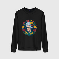 Свитшот хлопковый женский Модная бабушка в цветах, цвет: черный