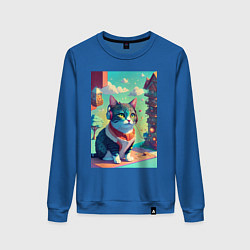 Свитшот хлопковый женский Кошка и музыка, цвет: синий
