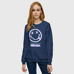 Свитшот хлопковый женский Nirvana glitch rock, цвет: тёмно-синий — фото 2