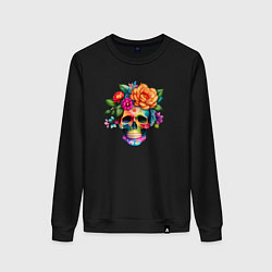 Свитшот хлопковый женский Череп с цветами в мексиканском стиле, цвет: черный