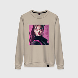 Свитшот хлопковый женский Blackpink Jennie рисунок портрет, цвет: миндальный