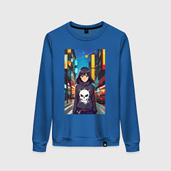 Свитшот хлопковый женский Крутая девчонка в ночном городе - аниме, цвет: синий