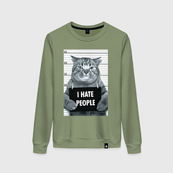 Свитшот хлопковый женский Кот преступник уголовник с табличкой, цвет: авокадо
