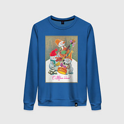 Свитшот хлопковый женский Снеговики музыканты, цвет: синий