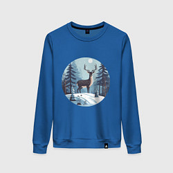 Свитшот хлопковый женский Зимняя сказка олень в лесу, цвет: синий