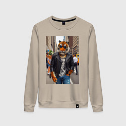 Свитшот хлопковый женский Cool tiger on the streets of New York - ai art, цвет: миндальный