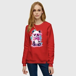 Свитшот хлопковый женский Милая панда в розовых очках и бантике, цвет: красный — фото 2