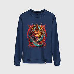 Свитшот хлопковый женский Китайский дракон в огне, цвет: тёмно-синий