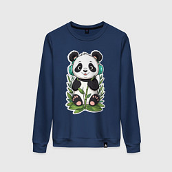 Свитшот хлопковый женский Медвежонок панды в наушниках, цвет: тёмно-синий