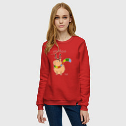 Свитшот хлопковый женский Капибара в рожках оленя, цвет: красный — фото 2