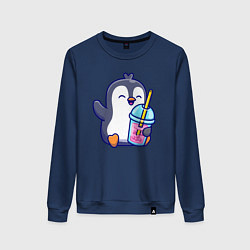 Свитшот хлопковый женский Пингвин с напитком, цвет: тёмно-синий