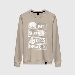 Свитшот хлопковый женский Еда сон шахматы, цвет: миндальный