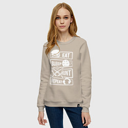 Свитшот хлопковый женский Еда сон охота, цвет: миндальный — фото 2