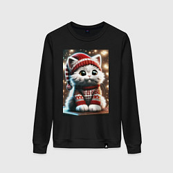 Свитшот хлопковый женский Котик в новогоднем свитере, цвет: черный