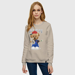 Свитшот хлопковый женский Плюшевый медведь с мешком денег, цвет: миндальный — фото 2