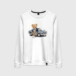 Свитшот хлопковый женский Плюшевый медвежонок и автомобиль, цвет: белый