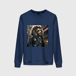Свитшот хлопковый женский Лев в кожаном костюме в стиле стимпанк, цвет: тёмно-синий