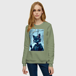 Свитшот хлопковый женский Cybercat 2099 - ai art, цвет: авокадо — фото 2