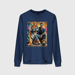 Свитшот хлопковый женский Чувак хипстер с тигром - нейросеть, цвет: тёмно-синий