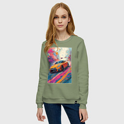 Свитшот хлопковый женский Nissan GT-R дрифт в городе, цвет: авокадо — фото 2