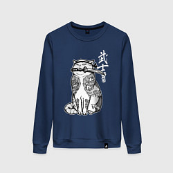 Свитшот хлопковый женский Кот самурай - сёто в зубах, цвет: тёмно-синий