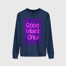 Свитшот хлопковый женский Неоновая надпись good vibes only и кирпичная стена, цвет: тёмно-синий