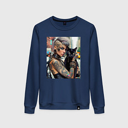 Свитшот хлопковый женский Девчонка панк в татухах с чёрным котом - нейросеть, цвет: тёмно-синий