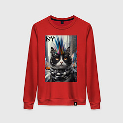 Свитшот хлопковый женский Кот панк с разноцветным хаером - Нью-Йорк, цвет: красный