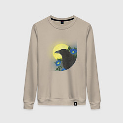 Свитшот хлопковый женский Чёрный ворон на ветке под луной, цвет: миндальный