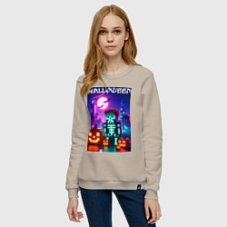 Свитшот хлопковый женский Pumpkin and skeleton - neon glow, цвет: миндальный — фото 2