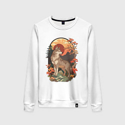 Свитшот хлопковый женский Волк в лесу в японском стиле, цвет: белый
