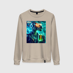 Свитшот хлопковый женский Крутой Дино в неоновых очках - нейроарт, цвет: миндальный