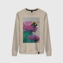 Свитшот хлопковый женский Мохнатый шмель на кактусе - живопись, цвет: миндальный