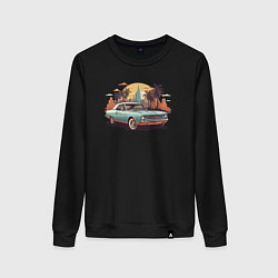 Свитшот хлопковый женский Ретро автомобиль на фоне города, цвет: черный