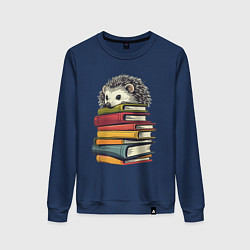 Свитшот хлопковый женский Ёжик на книгах, цвет: тёмно-синий
