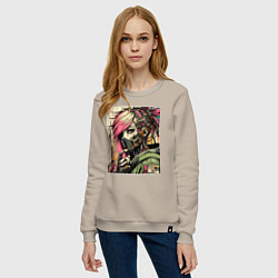 Свитшот хлопковый женский Cyber girl in a respirator - ai art fantasy, цвет: миндальный — фото 2