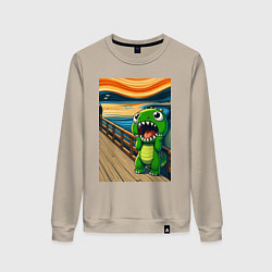 Свитшот хлопковый женский Динозаврик кричит на картине Эдварда Мунка - мем и, цвет: миндальный
