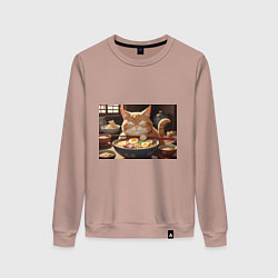Свитшот хлопковый женский Кот обожает рамен, цвет: пыльно-розовый