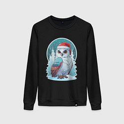 Свитшот хлопковый женский Полярная сова на фоне зимнего леса, цвет: черный