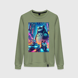 Свитшот хлопковый женский Totoro and cats - cyberpunk, цвет: авокадо