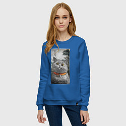 Свитшот хлопковый женский Мемный кот в японском стиле, цвет: синий — фото 2