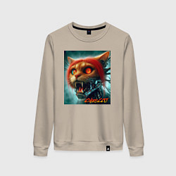 Свитшот хлопковый женский Super cyber red cat - ai art fantasy, цвет: миндальный