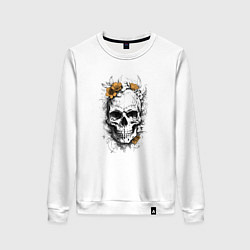 Свитшот хлопковый женский Череп с желтыми цветами, цвет: белый
