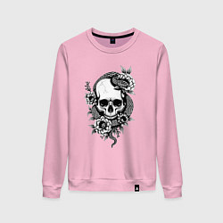 Свитшот хлопковый женский Змея на черепе с цветами, цвет: светло-розовый