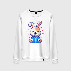 Свитшот хлопковый женский Радостный зайчик с подарком, цвет: белый