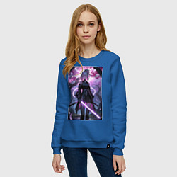 Свитшот хлопковый женский Девушка с катаной на фоне цветущей сакуры, цвет: синий — фото 2