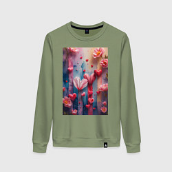 Свитшот хлопковый женский Композиция из цветов и сердечек, цвет: авокадо