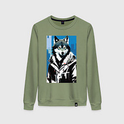 Свитшот хлопковый женский Волк в мегаполисе - нейроарт, цвет: авокадо