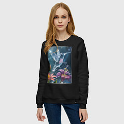 Свитшот хлопковый женский Колибри у цветка, цвет: черный — фото 2