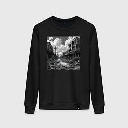 Свитшот хлопковый женский Разрушенный город, цвет: черный